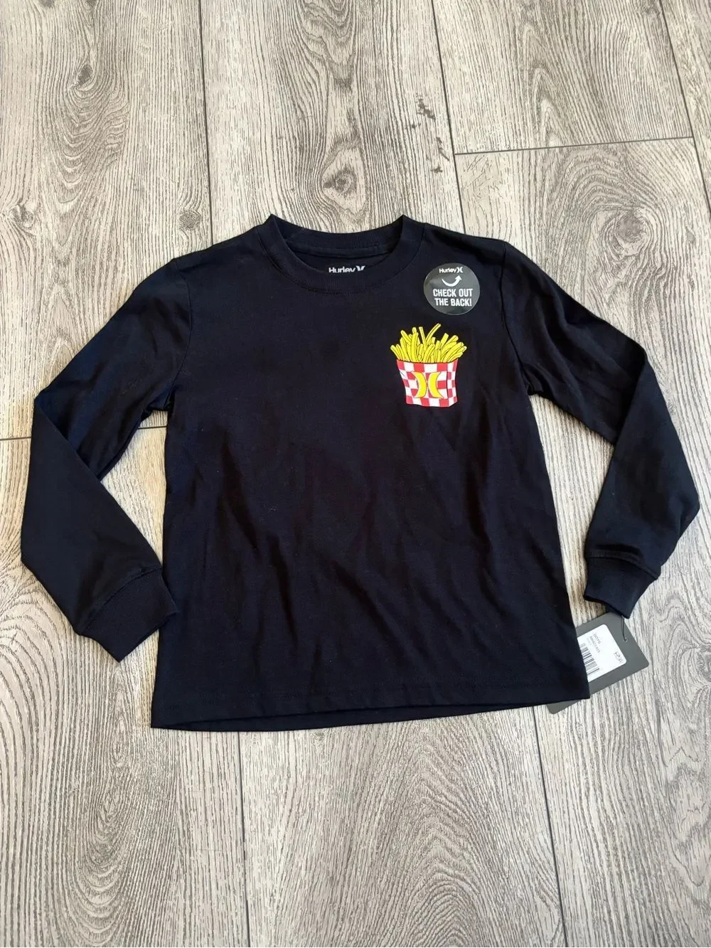 Hurley Kids Black Long-Sleeve Graphic Tee with Yellow Fries Pocket